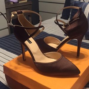 Brown satin high heels